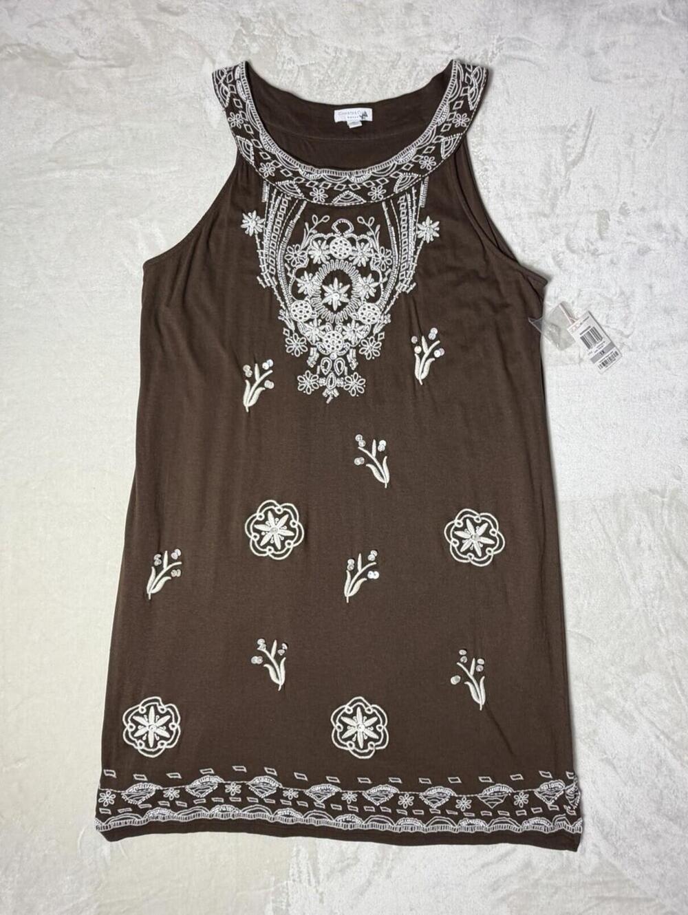NWT Charter Club Woman 1X Dark Walnut Embroidered Sleeveless Dress Marrakesh